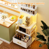 YIPPPPE Bakers Rack with Power Outlet, 5-Tier Microwave Stand with Fabric Drawer and 5 Hooks, Kitchen Storage Shelf with Spices, Pots and Pans, White YIPPPPE