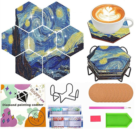 Diamond Art Coasters Van Gogh Starry Night, 7 PCS Diamond Art Hexagonal Coasters with Holder, Small Diamond Painting Kits for Adults Beginners NUFTVI