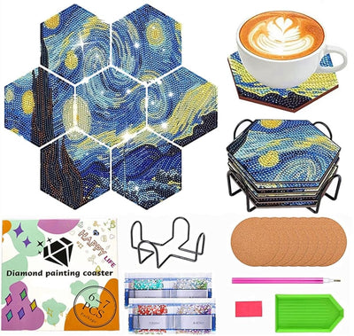 Diamond Art Coasters Van Gogh Starry Night, 7 PCS Diamond Art Hexagonal Coasters with Holder, Small Diamond Painting Kits for Adults Beginners