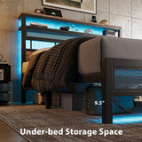 ZENBEDING Led Bed Frame Queen Size, Metal Platform Bed Frame with 2-Tier Storage Headboard, Mesh Queen Bedframe with Charging Station, Easy Assembly and No Box Spring Needed (Rustic Brown) ZENBEDING