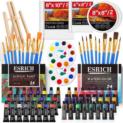 ESRICH 77PCS Professional Painting Set, Acrylic Paint, Watercolor Paint, with 1 Wood Easel, 48Colors, Brushes, Canvases, Painting Supplies Kit for Kids,Students, Artists and Beginner