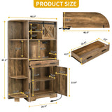 DWVO 67.3" Farmhouse Kitchen Pantry, Storage Cabinet Baker Rack with Power Outlet, Freestanding Hutch with Barn Door & Drawer, Buffet Sideboard with Microwave Stand for Dining Room, Rustic Brown DWVO