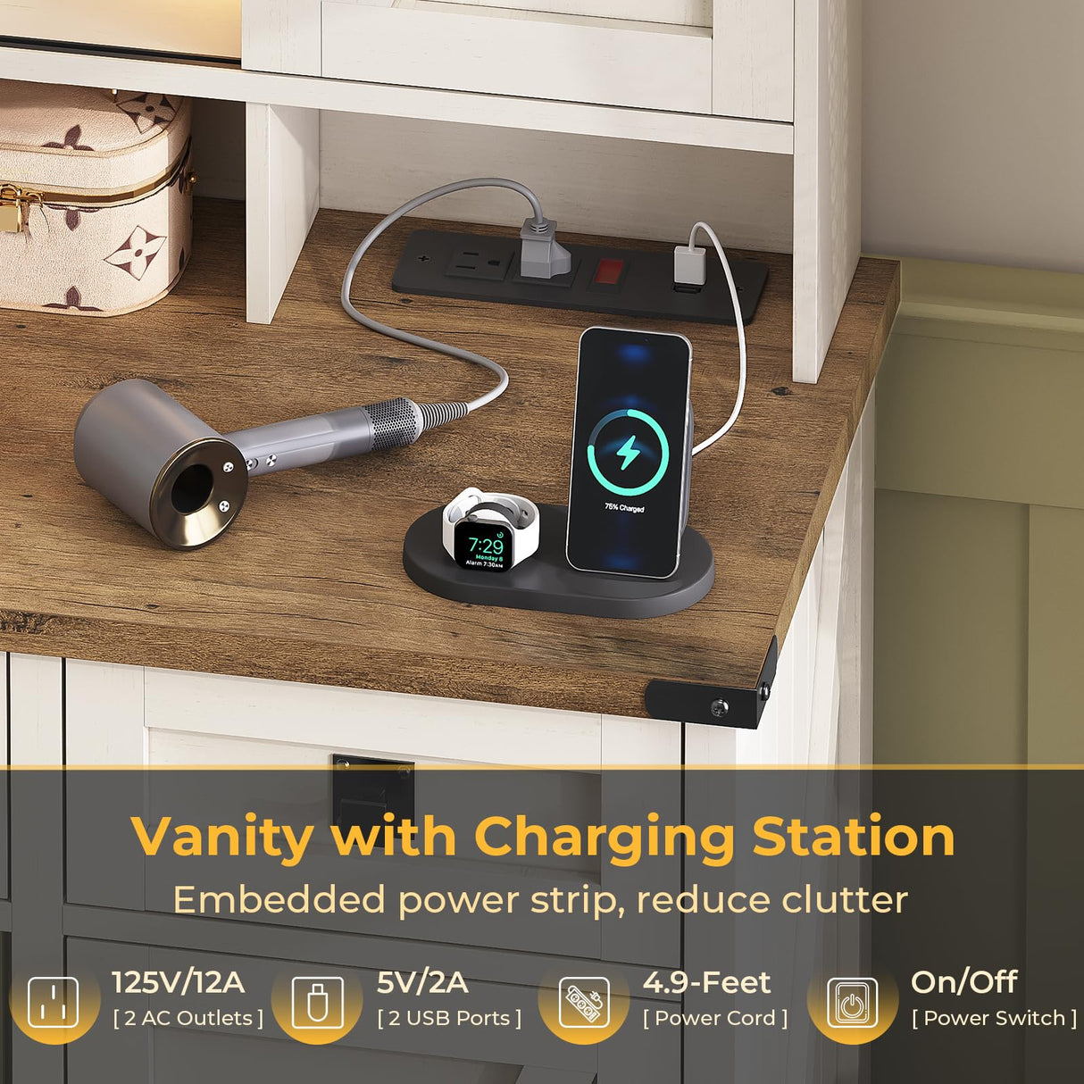 Farmhouse Vanity Desk with Mirror and Lights, 41" Sliding Door Makeup Vanity with Charging Station, Large Vanity Table with Drawers/Shelves/Cabinet Storage, Antique White MSmask