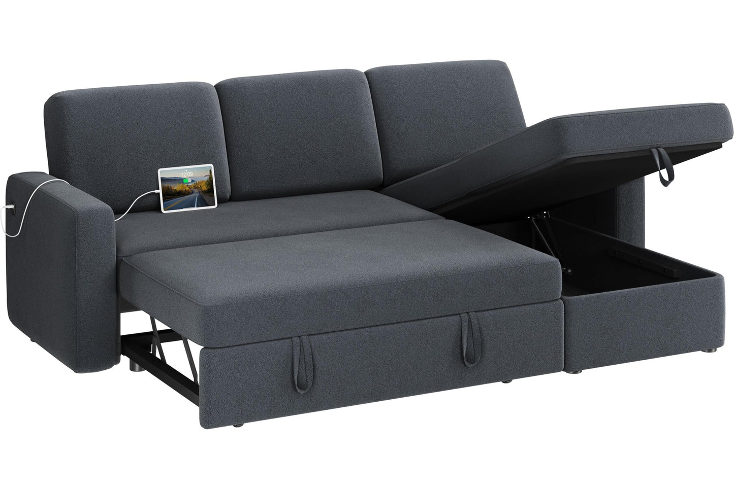 Yaheetech Sectional Sofa L-Shaped Sofa Couch Bed w/Chaise & USB, Reversible Couch Sleeper w/Pull Out Bed & Storage Space, 4-seat Fabric Convertible Sofa, Pull Out Couch for Living Room Dark Gray