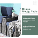 SUNSITT Outdoor Patio Furniture 11-Piece Half-Moon Sectional Round Patio Furniture Set Curved Outdoor Sofa with Tempered Glass Round Coffee Table, 4 Pillows, Grey Rattan & Denim Blue Cushion SUNSITT