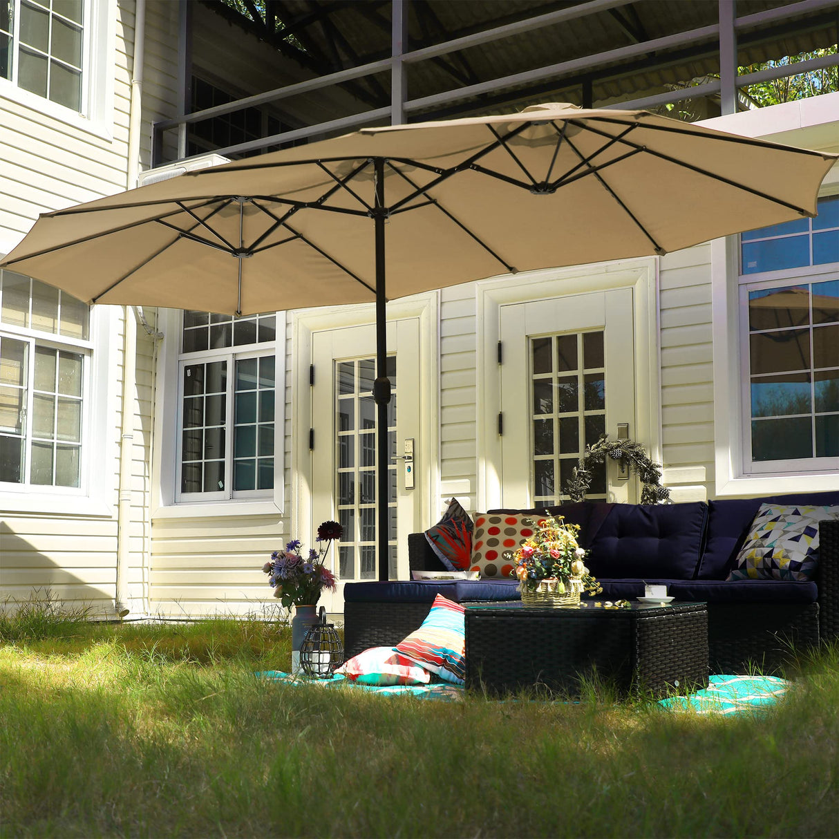 PHI VILLA 15ft Large Patio Umbrella with Base, Double-sided Outdoor Umbrella, Beige PHI VILLA