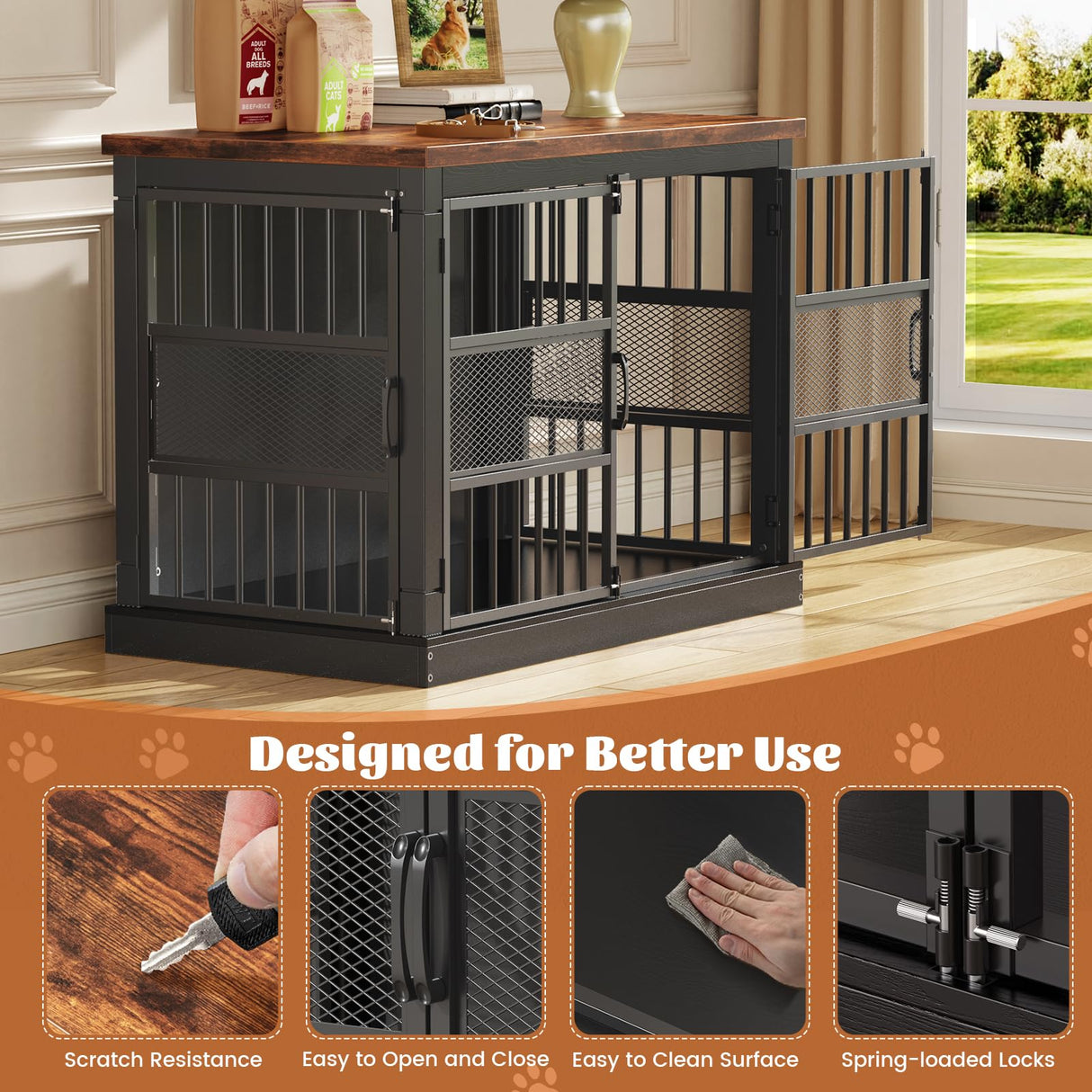 VOPEAK Dog Crate Furniture, Chew Resistant Large Dog Crate for Medium Large Dogs, Heavy Duty XL Dog Crates Dog Kennel Cage Indoor with Double Doors, Wooden End Table for Bedroom Living Room, Black VOPEAK