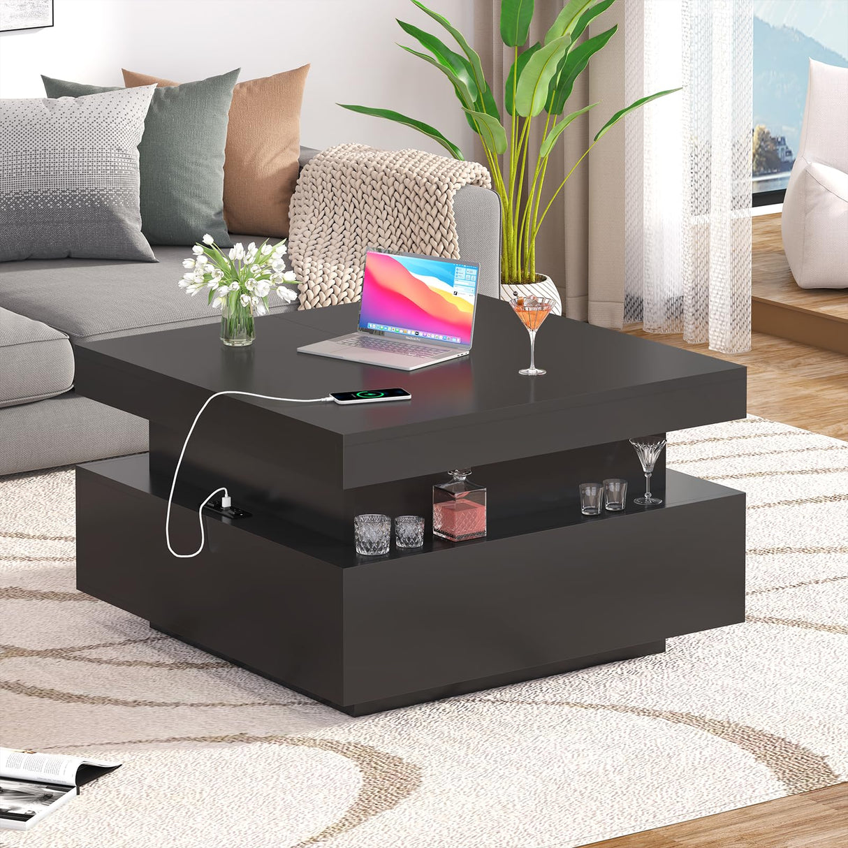 31.5" Square Coffee Table with Sliding Top and Charging Station, Black Coffee Tables with LED Lights and Storage Drawer for Living Room, Modern Center Table with Hidden Compartment, Cabinet Gacfiew