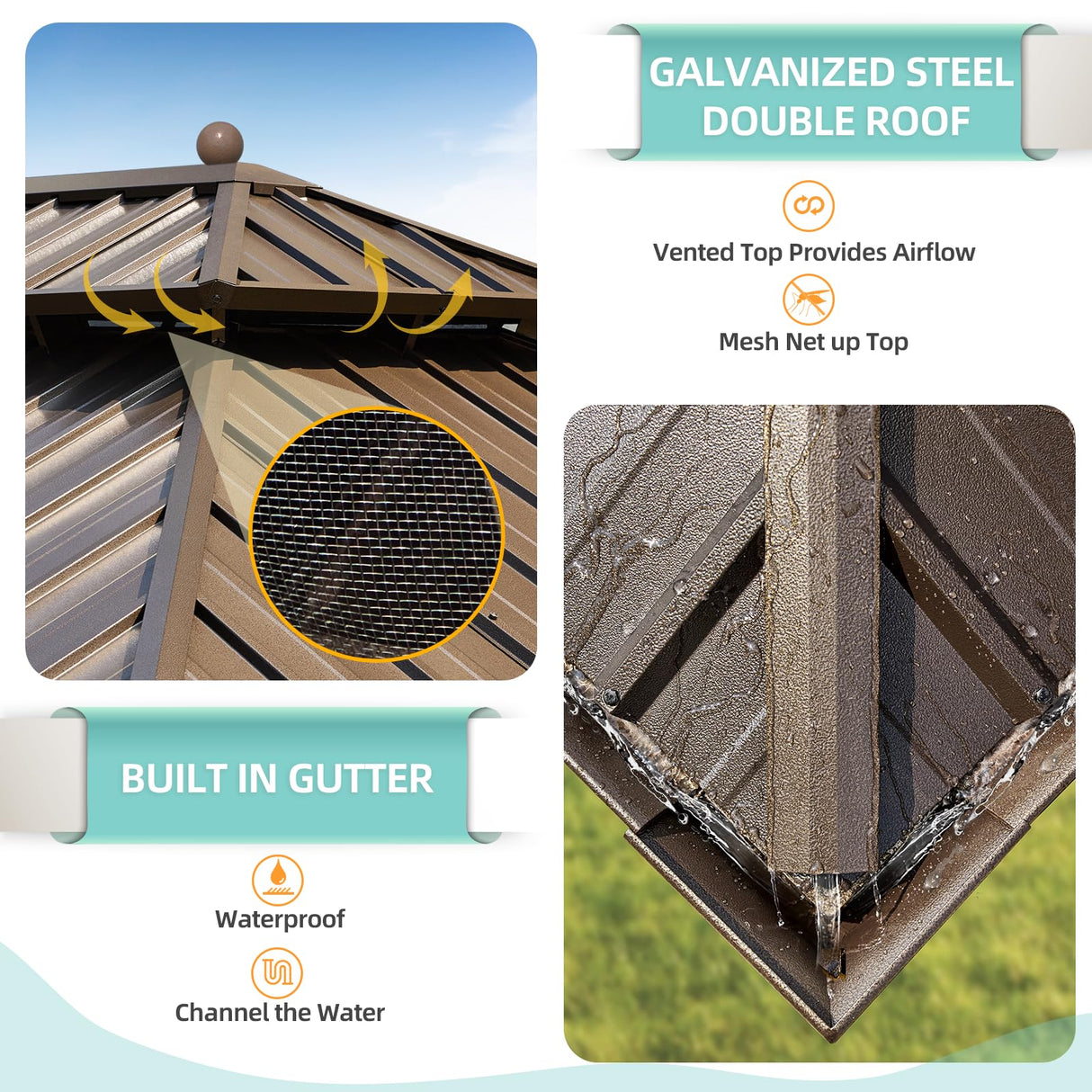 MELLCOM 14' x 22' Hardtop Gazebo,Galvanized Steel Metal Double Roof Aluminum Gazebo with Curtain and Netting,Brown Permanent Pavilion Gazebo with Aluminum Frame for Patios,Gardens,Lawns MELLCOM