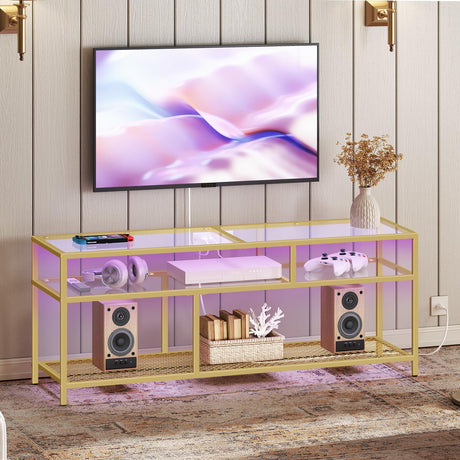 HOOBRO Gold TV Stand, Rectangular LED TV Stand with Power Outlets to 65'', Modern Glass Entertainment Center with Open Shelves, Media TV Console Table for Living Room, Bedroom, Gold GD49UDDS01 HOOBRO
