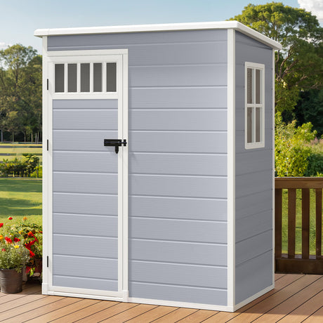 DWVO Outdoor Storage Shed, All-Weather Resin Plastic Storage Shed with Windows, Slanted Roof, Raised Floor, Capacity for Garden Tools & Equipment, Ideal for Backyard & Garden DWVO