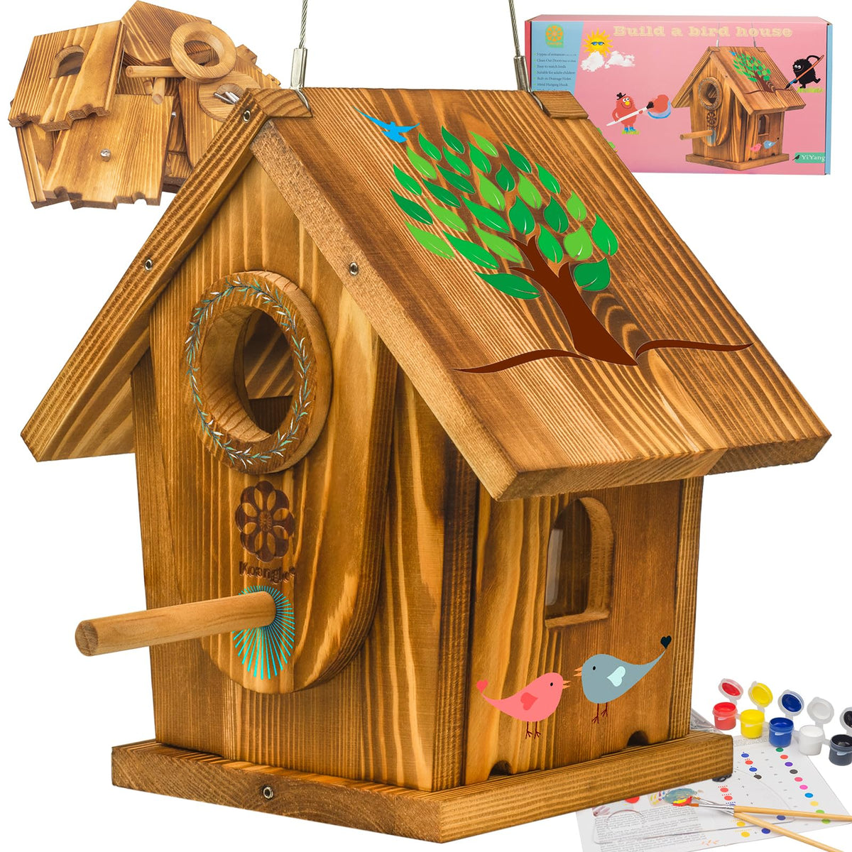 Bird Houses for Outside,DIY Kit for Adults & Kids,Solid Mortise & Tenon Structure,Carbonized for Durability and Aesthetic Appeal,Easy to Clearance,Paint Kit Included Koangle