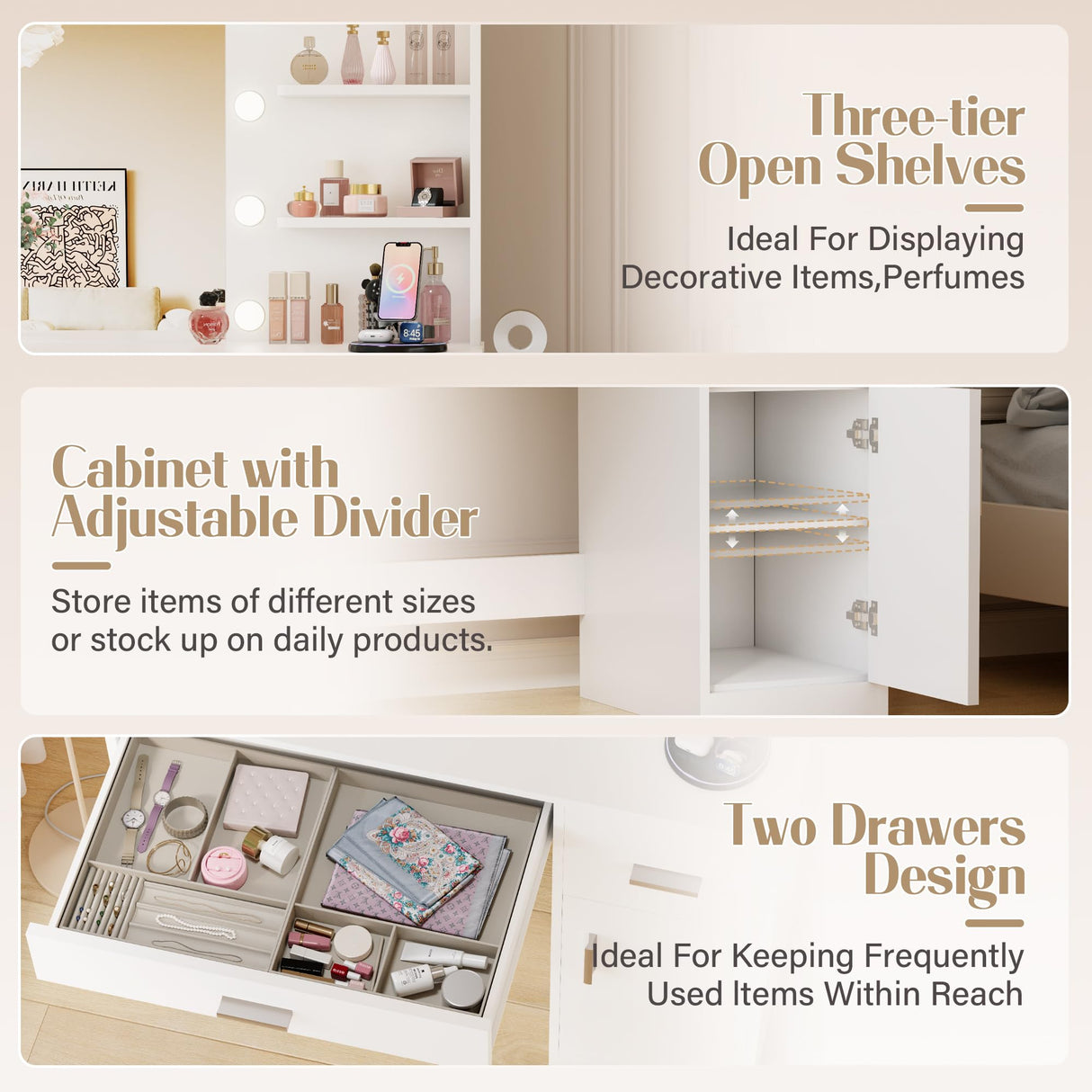 JUMMICO 35.4" Vanity Desk with LED Mirror & Power Outlet, Makeup Vanity Table with 3 Open Storage Shelves, Drawers and Cabinet, 3 Model Adjustable Lights for Bedroom & Dressing Room (White) JUMMICO