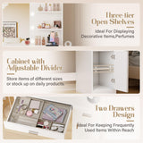 JUMMICO 35.4" Vanity Desk with LED Mirror & Power Outlet, Makeup Vanity Table with 3 Open Storage Shelves, Drawers and Cabinet, 3 Model Adjustable Lights for Bedroom & Dressing Room (White) JUMMICO