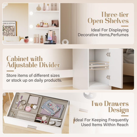 JUMMICO 35.4" Vanity Desk with LED Mirror & Power Outlet, Makeup Vanity Table with 3 Open Storage Shelves, Drawers and Cabinet, 3 Model Adjustable Lights for Bedroom & Dressing Room (White) JUMMICO