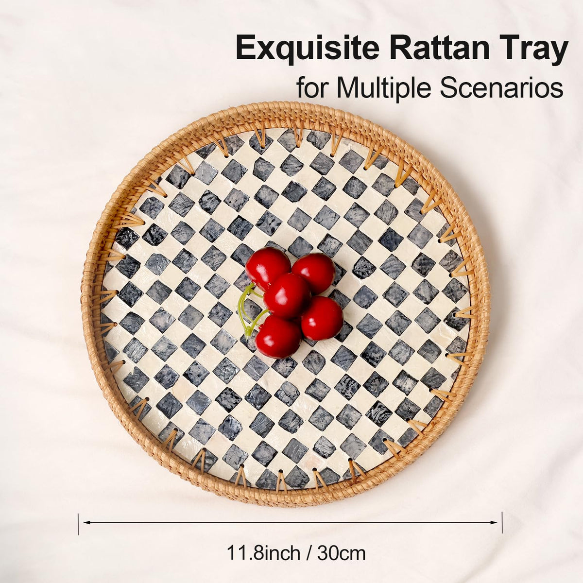 Tynulox Round Rattan Tray with Mother of Pearl Inlay, Rattan Serving Tray for Coffee, Bread, Fruits, Decorative Wicker Tray for Table Decor, Home Decor, Kitchen Island Decor(Round Checkerboard, 11.8") Tynulox