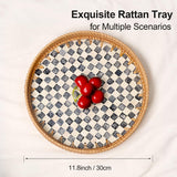 Tynulox Round Rattan Tray with Mother of Pearl Inlay, Rattan Serving Tray for Coffee, Bread, Fruits, Decorative Wicker Tray for Table Decor, Home Decor, Kitchen Island Decor(Round Checkerboard, 11.8") Tynulox
