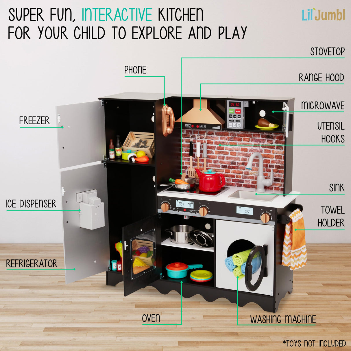 Lil' Jumbl Jumbl Kids Kitchen Set, Pretend Wooden Play Kitchen, Battery Operated Icemaker, Microwave, Range Hood, Stove Top, Oven, with Realistic Sound & Lights, Pots, Pan, & Utensils Included Lil' Jumbl