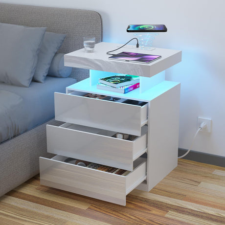 HOMMPA LED Nightstand with Wireless Charging Station & USB Ports, 3 Drawer Night Stand with LED Light RGB Adjustable Brightness, Smart Nightstand High Gloss Bedside Table for Bedroom White HOMMPA