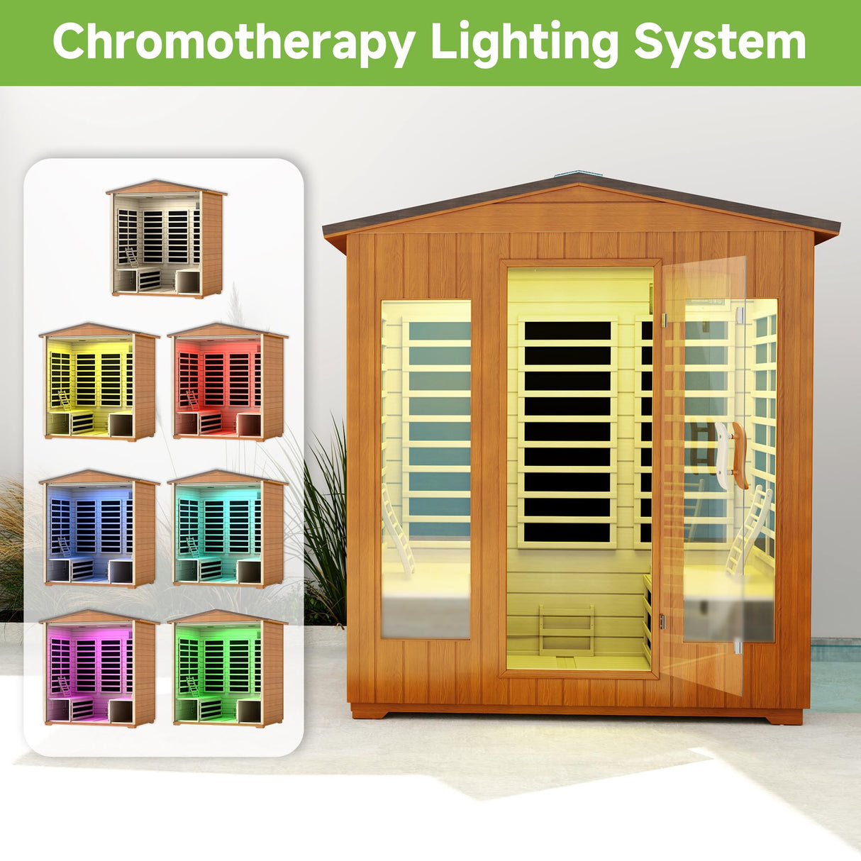 Springspa Outdoor Sauna 4 Person, Infrared Sauna for Home, Wooden Outdoor Saunas Room, 3400 Low EMF Far Infrared with Bluetooth, LCD Panel, 7 Color Chromotherapy Lamp, Reading Lamp springspa