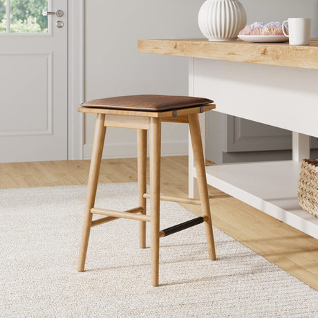 Nathan James Barker Classic Counter Height Wood Barstool with Leather Removable Cushion, Backless Island 24" Bar Stool for Kitchen, Chestnut Brown Nathan James
