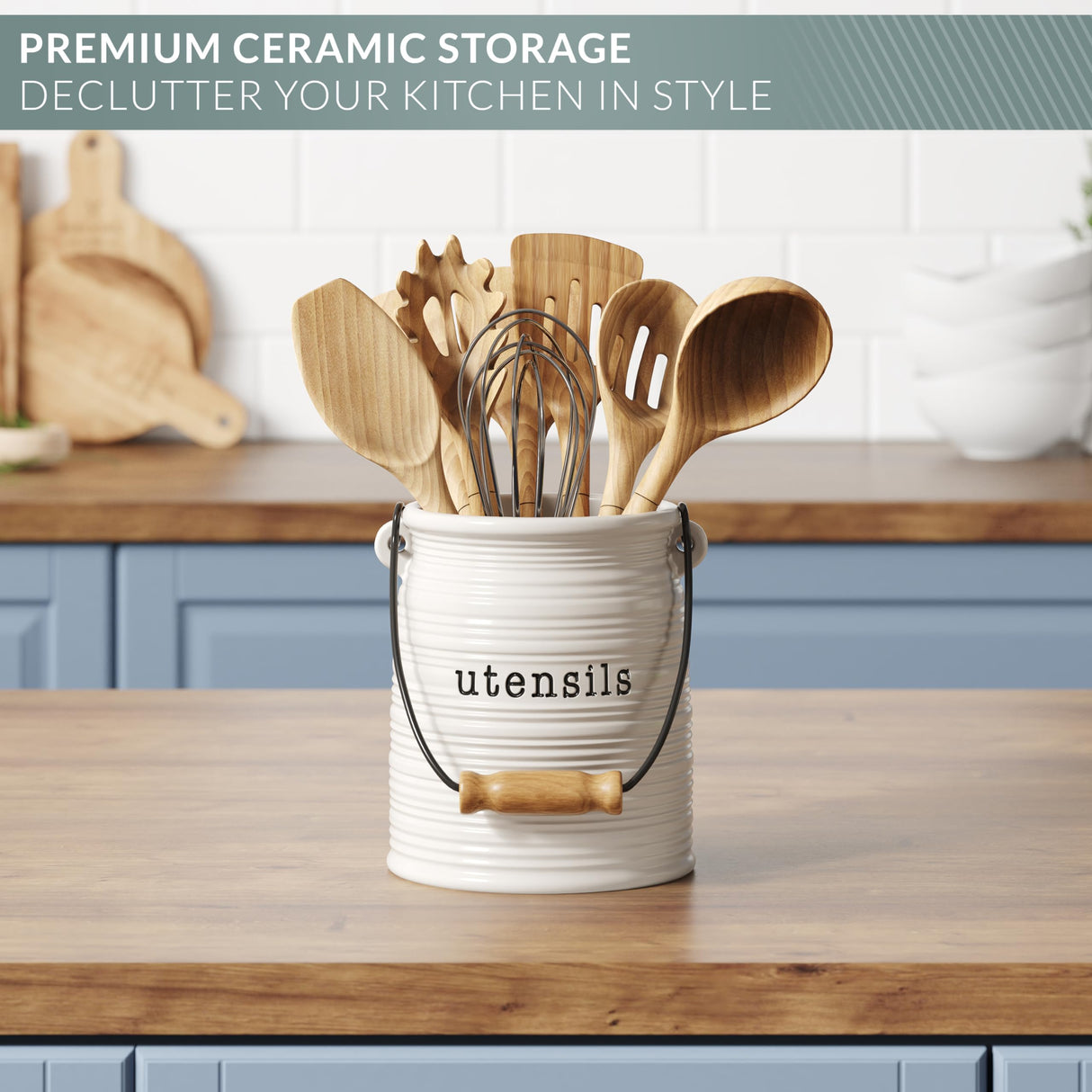 Barnyard Designs Ceramic Farmhouse Kitchen Utensil Holder for Countertop, Decorative Large Kitchen Utensil Holder for Kitchen Counter, Utensil Crock Spatula Holder, 6" White Barnyard Designs