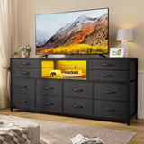 BTHFST LED TV Stand Dresser for Bedroom with Power Outlets, 55 inch Entertainment Center with 12 Drawers, Media Console Table for 32/45/55/60 inch TVs, Chest of Drawers for Bedroom, PU Black BTHFST