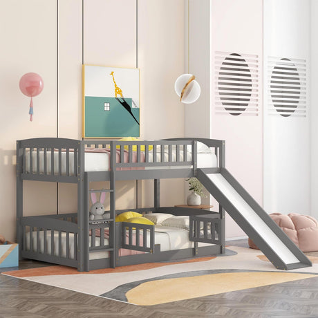 Twin Over Twin Bunk Bed with Slide for Kids, Low Bunk Bed Frame with Convertible Ladder & Detachable Fence, Solid Pine Wood Structure for Bedroom, Grey Merax