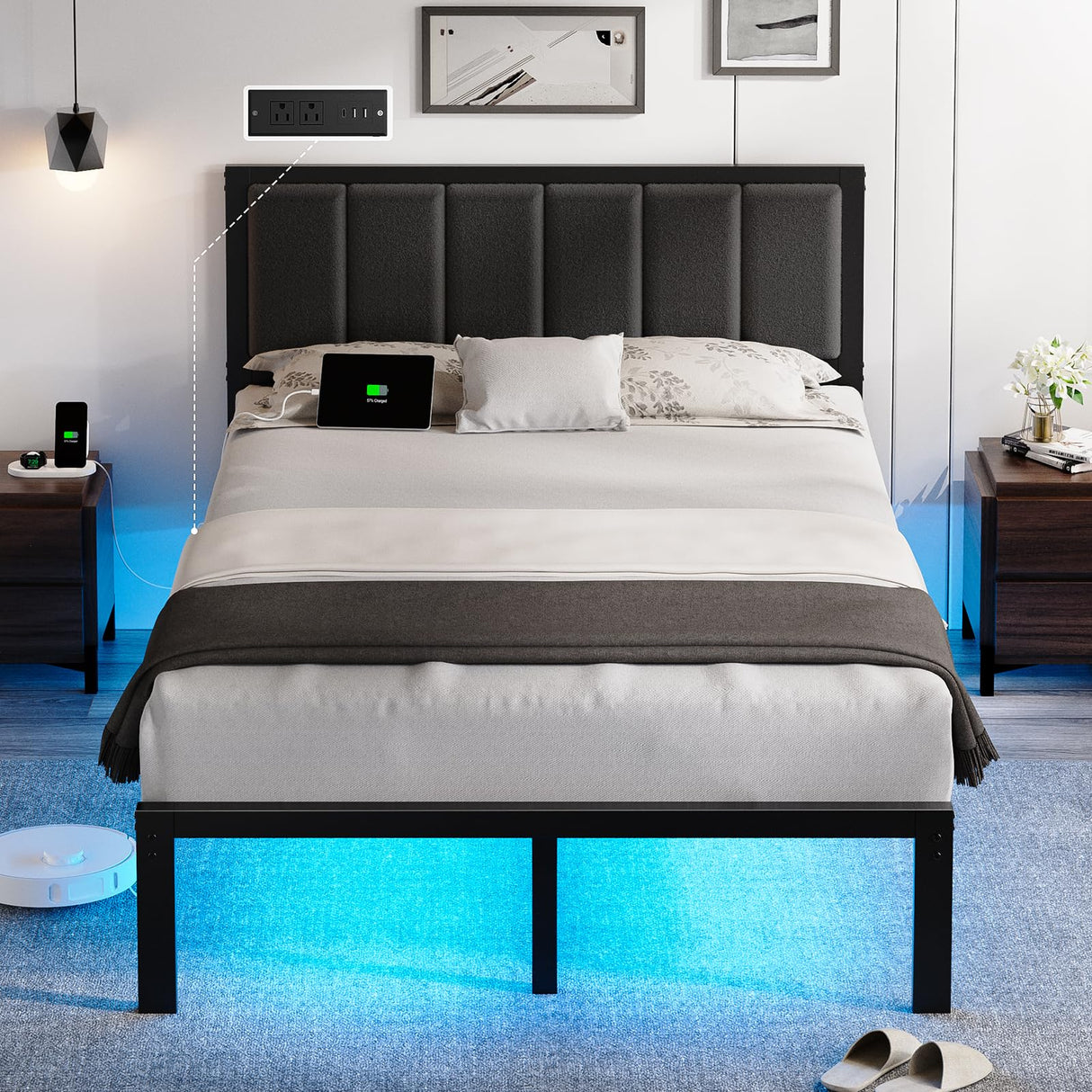 OLEVS Full Bed Frame with Headboard Metal Platform Bed Full Size with USB Charging Station and LED Lights, No Box Spring Needed OLEVS
