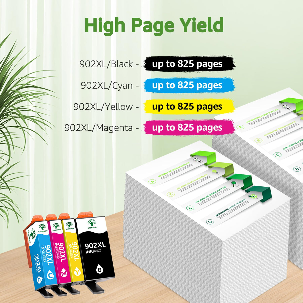 GREENSKY Compatible 902XL Ink Cartridge for HP Printer Replacement for HP 902 902XL Ink Cartridge Combo Pack Compatible with HP Officejet Pro 6968 6978 6970 6958 6960 6975 6954 6962 Printer 4 Pack GREENSKY