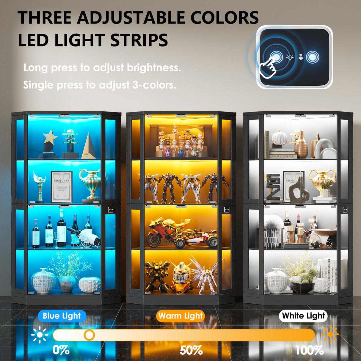 PAKASEPT Corner Display Cabinet with Glass Doors, 66.3”Corner Curio Cabinets with LED Lights, 4-Tier Display Shelf with Human Body Sensor for Toys, Books, Collectibles PAKASEPT