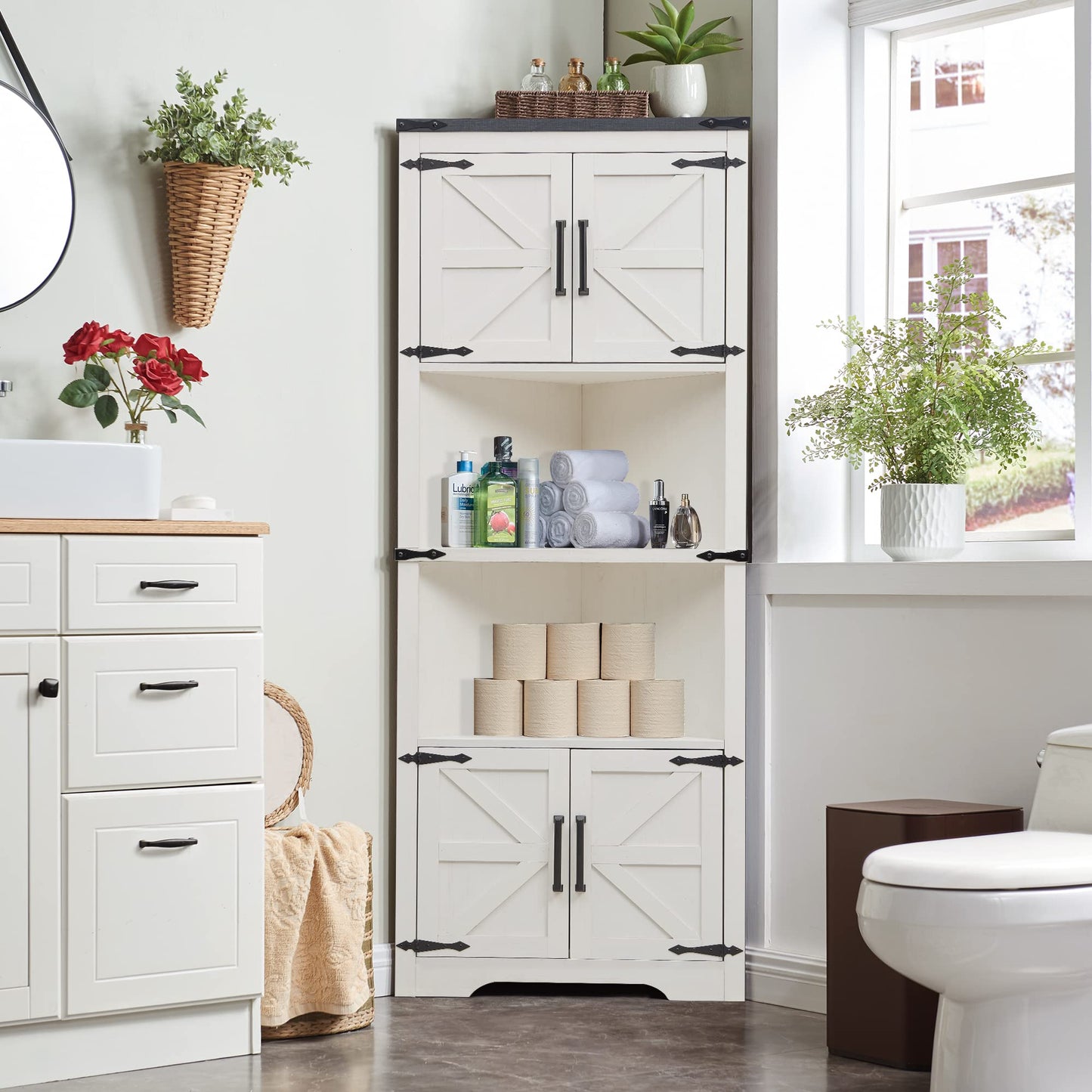 Tall Farmhouse Corner Cabinet with Barn Door & Adjustable Shelves by JXQTLINGMU - WoodArtSupply