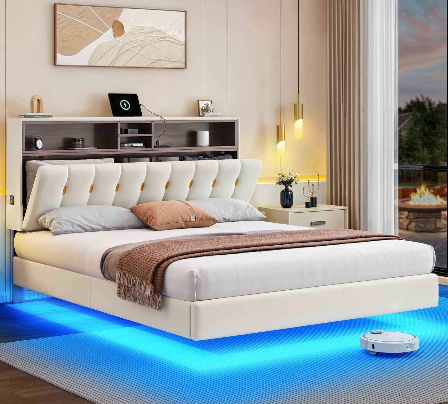 YITAHOME Queen Size Floating Bed Frame,Upholstered Platform Bed with RGB LED Lighting, USB Charging and Headboard Storage,Velvet Platform Bed Frame,Box Spring Not Required - Beige