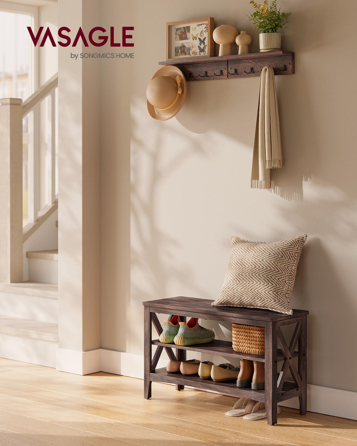 VASAGLE, Entryway Storage Bench, 2-Tier Shoe Rack, 11.8 x 31.5 x 18.9 Inches, Holds up to 300 lb, Farmhouse Style, for Living Room, Bedroom, Maroon Brown ULSB053K51 VASAGLE