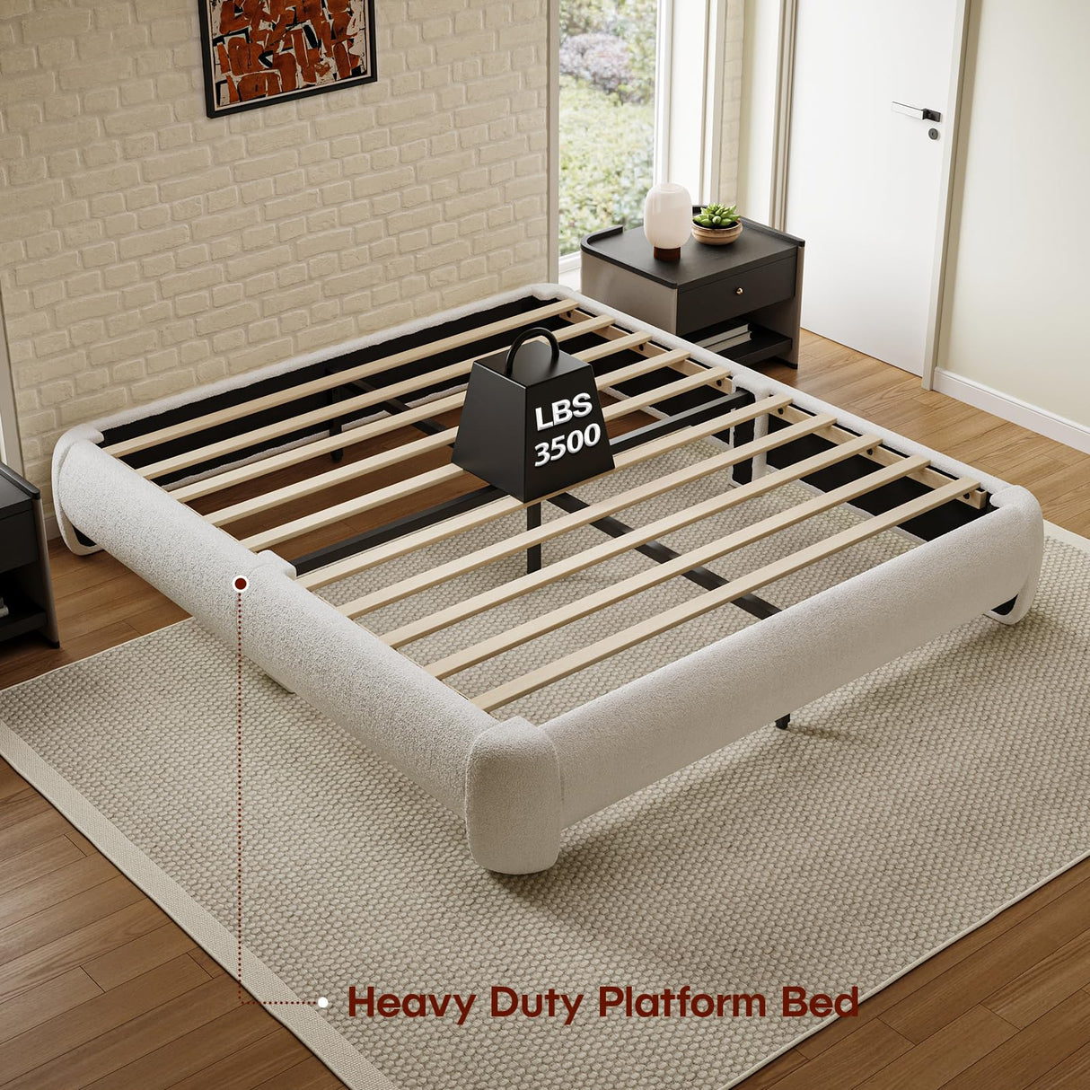 ZENBEDING Cloud Bed Frame King Size, Soft Boucle Bed Frame with Round Corner, Upholstered King Size Bed Frame with Heavy Duty Wood Slat, No Box Spring Needed, Easy Assembly, White ZENBEDING