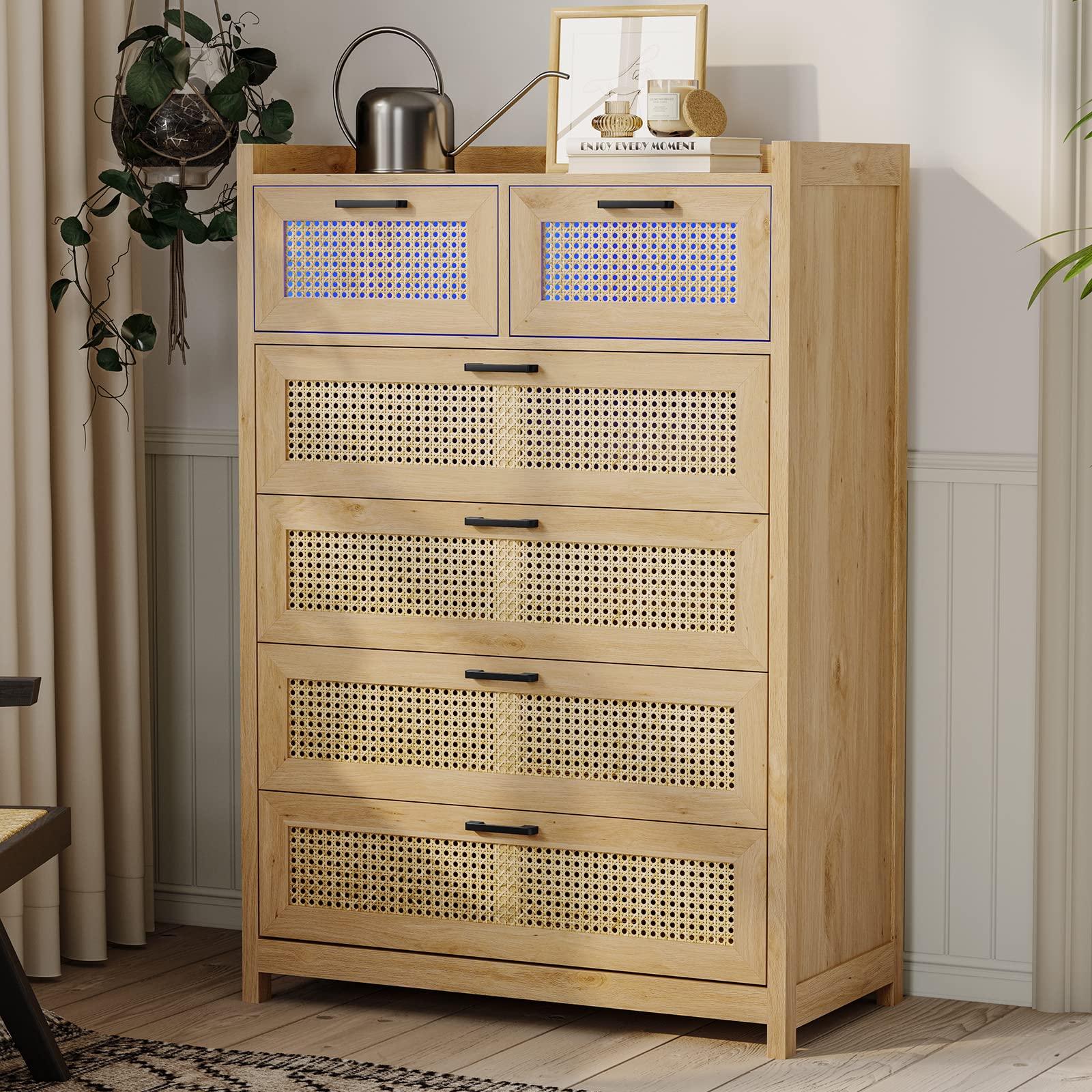 VIAGDO 6 Drawer Dresser for Bedroom, Rattan Chest of Drawers with LED Lights, Wood Storage Dresser Chest with Metal Handle, Modern Dresser for Closet, Bedroom, Living Room, Hallway - WoodArtSupply