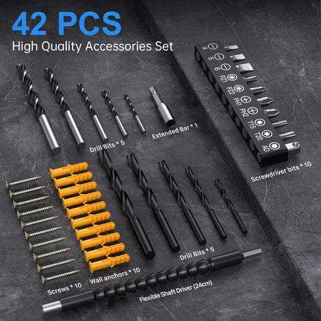 Cordless Drill Set,12V Power Drill Driver 3/8" Keyless Chuck with 42 Acessories, Built-in LED Light, 25+1 Position, Electric Drill for Home DIY Projects（Blue） VIWKO