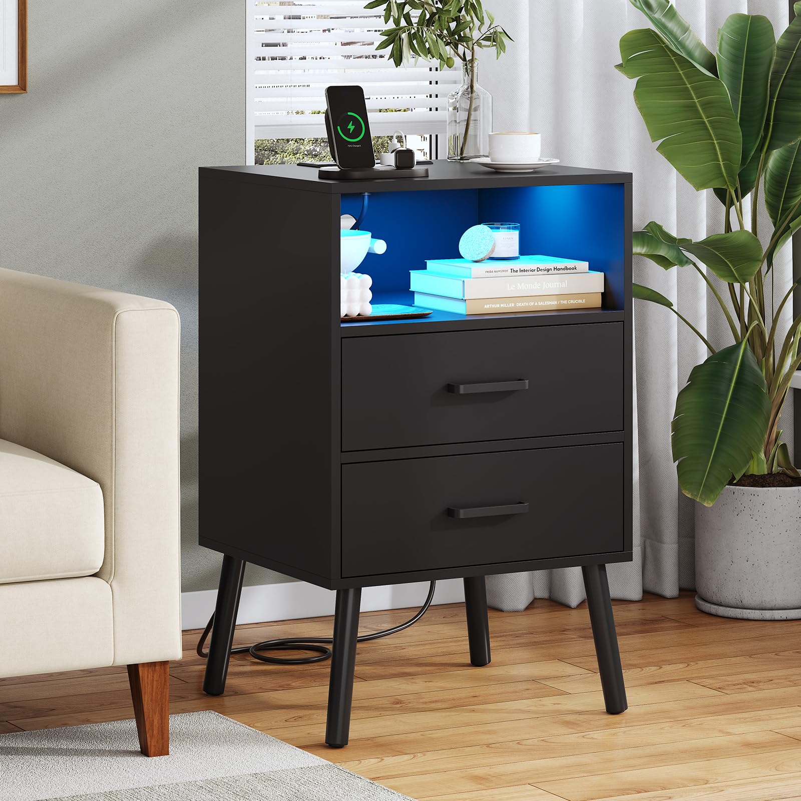 Diliplain Nightstand with Charging Station, Black Night Stand with LED Lights, Modern Side Table with Drawers and Open Shelf, End Table with Solid Wood Legs for Bedroom - WoodArtSupply