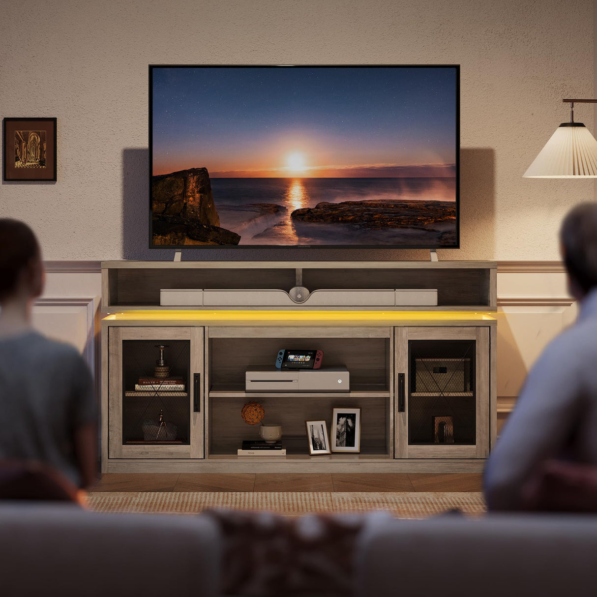 WLIVE TV Stand up to 65 Inch TV, 59" Entertainment Center with LED, Tall Farmhouse TV Media Console with Storage Cabinets for Living Room and Bedroom, Grey WLIVE