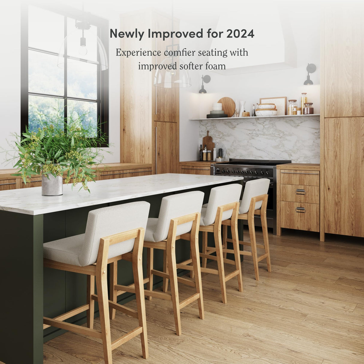 Nathan James Gracie Modern Counter Height Bar Stool with Back, Counter Stool Upholstered Chair with Natural Textured Linen and Brushed Wooden Legs, Cream Boucle/Light Brown Nathan James