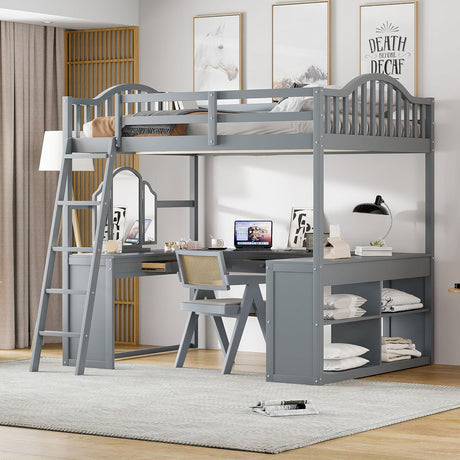 Virubi Full Loft Bed with Dresser and Mirror,Solid Wood High Loft Bed with U-Shaped Desk and Storage Drawers,Shelves,for Adults (Grey,Full) Virubi