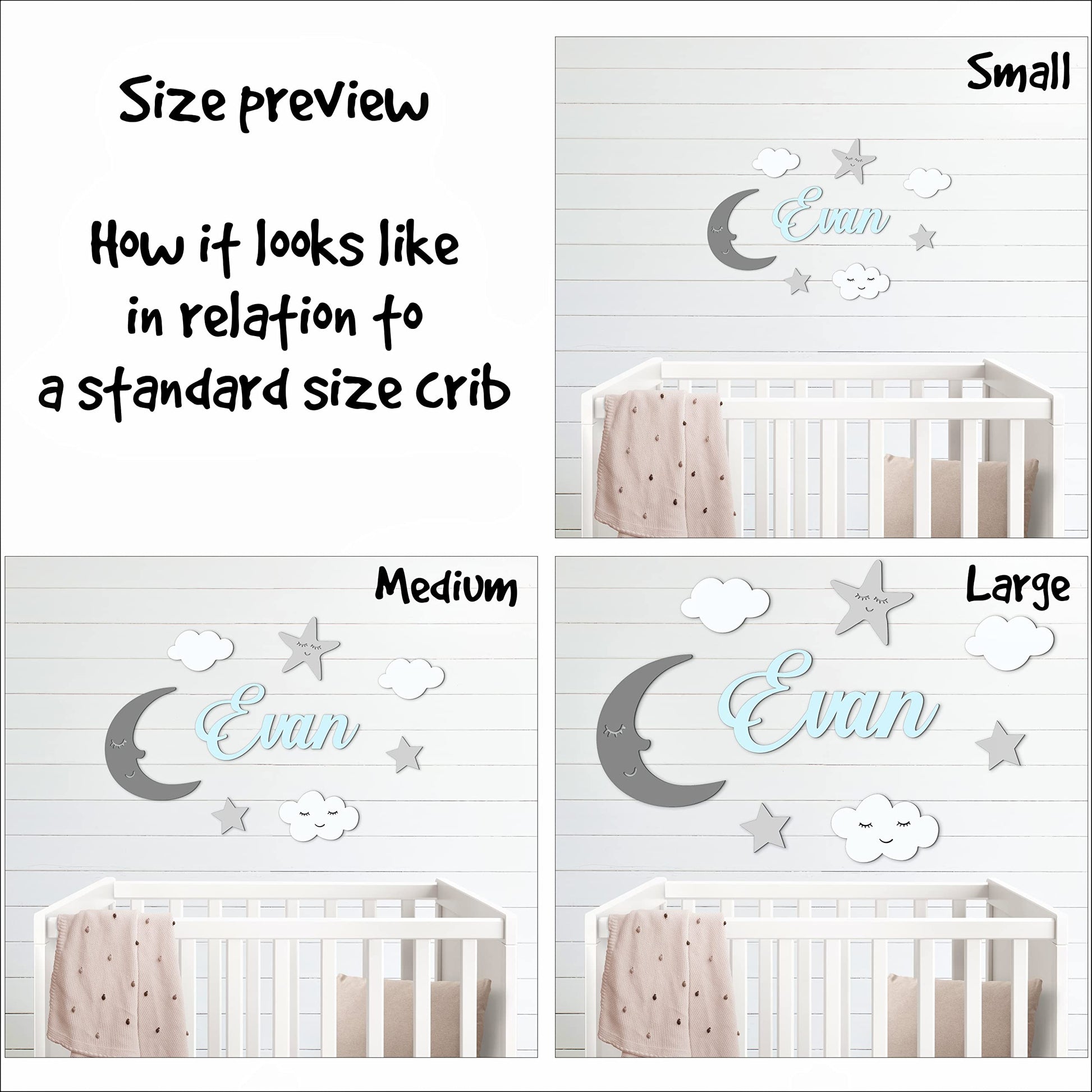 Wooden Name Sign Personalized Wooden Wall Decor Above a Crib Custom Baby Name Sign, Nursery Wall Decal (Moon Theme) - WoodArtSupply