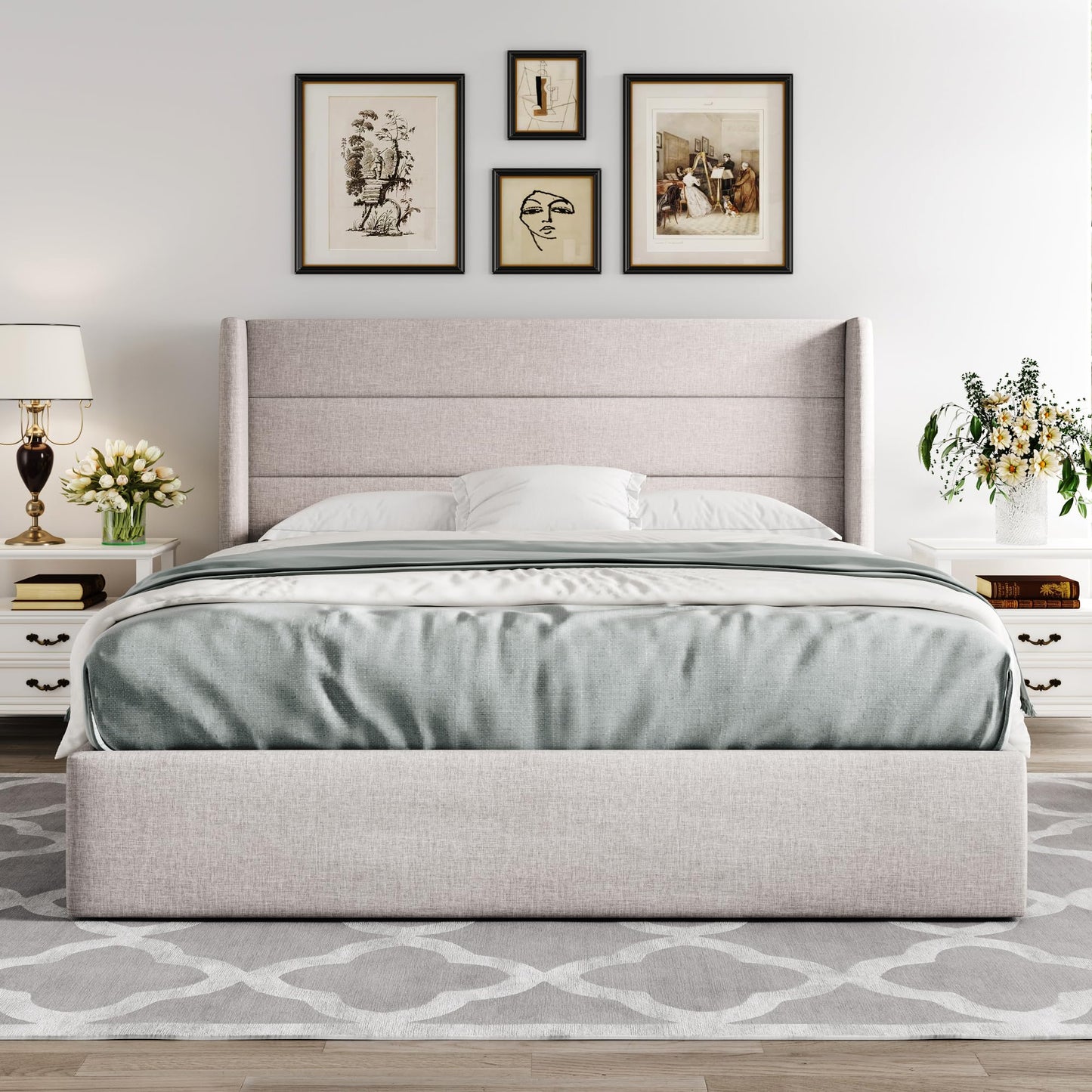 Allewie Queen Size Hydraulic Lift Storage Bed with Elegant Wingback Headboard in Light Beige - WoodArtSupply