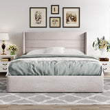 Allewie Queen Size Hydraulic Lift Storage Bed with Elegant Wingback Headboard in Light Beige Allewie