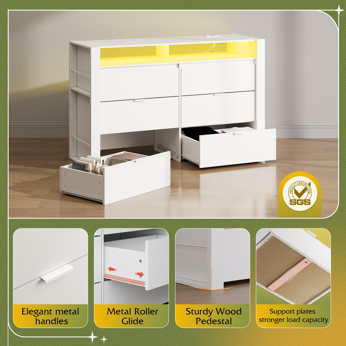 WLIVE 6 Drawer Led Dresser for Bedroom, 50.79'' White Wood Dresser Storage Organizer with Power Outlets for 55'' TV, Dressers with Open Shelves, Hanging Rack, Chest of Drawers for Closet, Living Room WLIVE