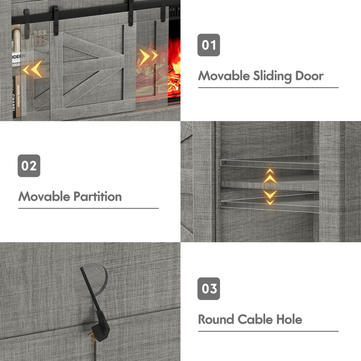 Furniwell Electric Fireplace TV Stand for TVs up to 65", Media Entertainment Center with 26” Fireplace, Farmhouse Console with Sliding Barn Door and Adjustable Storage Shelves for Living Room (Gray) Furniwell