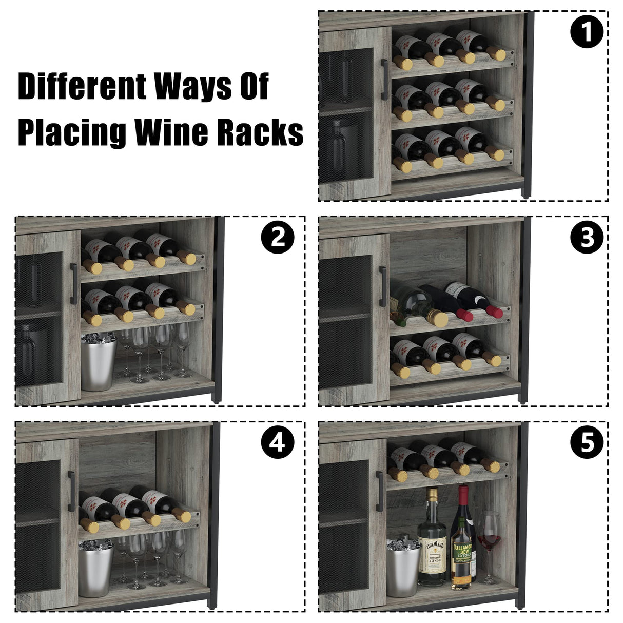 GarveeHome 3-Tier Wine Bar Cabinet with LED Lights, Detachable Wine Rack and Storage Space, Buffet Cabinet with Glass Holder and Mesh Door, for Kitchen, Living Room and Bar. Grey GarveeHome