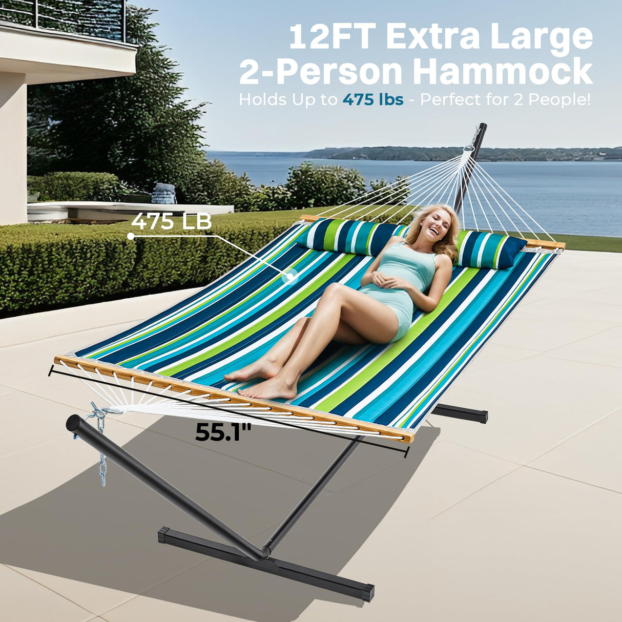 SUPERJARE Hammock with Stand, 2 Person Quilted Outdoor Hammock, Detachable Pillow & Bamboo Spreaders, Portable Hammock with Carrying Bag, Heavy Duty Stand, Perfect for Outside, Patio, Dark Cyan SUPERJARE