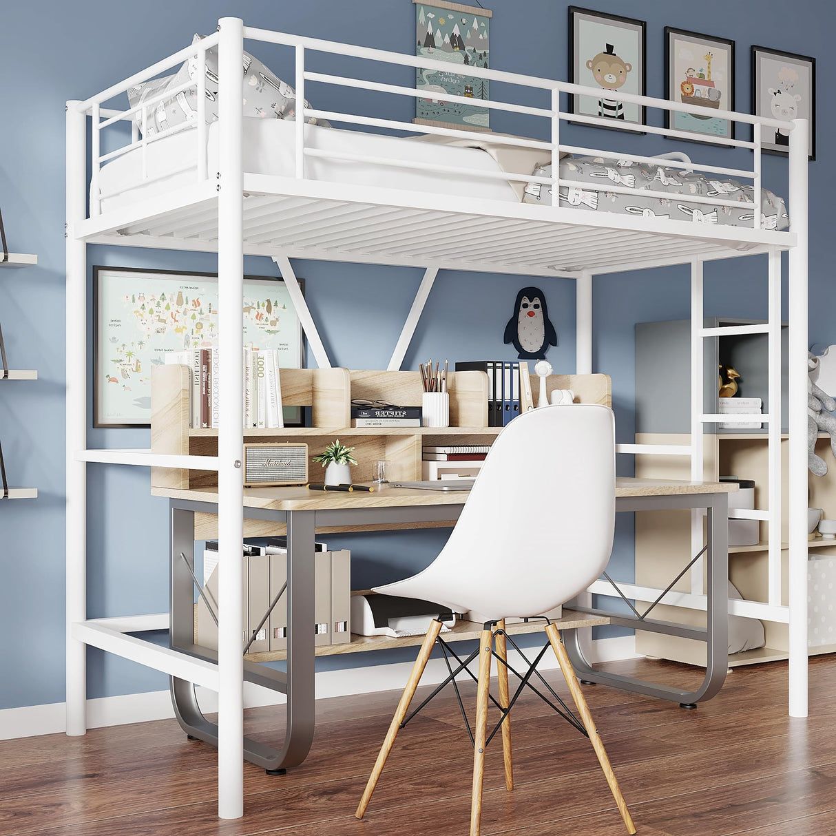VECELO Twin Size Loft Bed with Full-Length Guardrails and Removable Ladder, Heavy-Duty Metal Frame, Space-Saving Design & Noise-Free, White VECELO