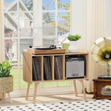Lerliuo Record Player Stand with 4 Cabinet Holds Up to 220 Albums, Large Stand with Beech Wood Legs, Mid-Century Record Player Table,Burlywood Vinyl Holder Storage Shelf for Living Room Lerliuo